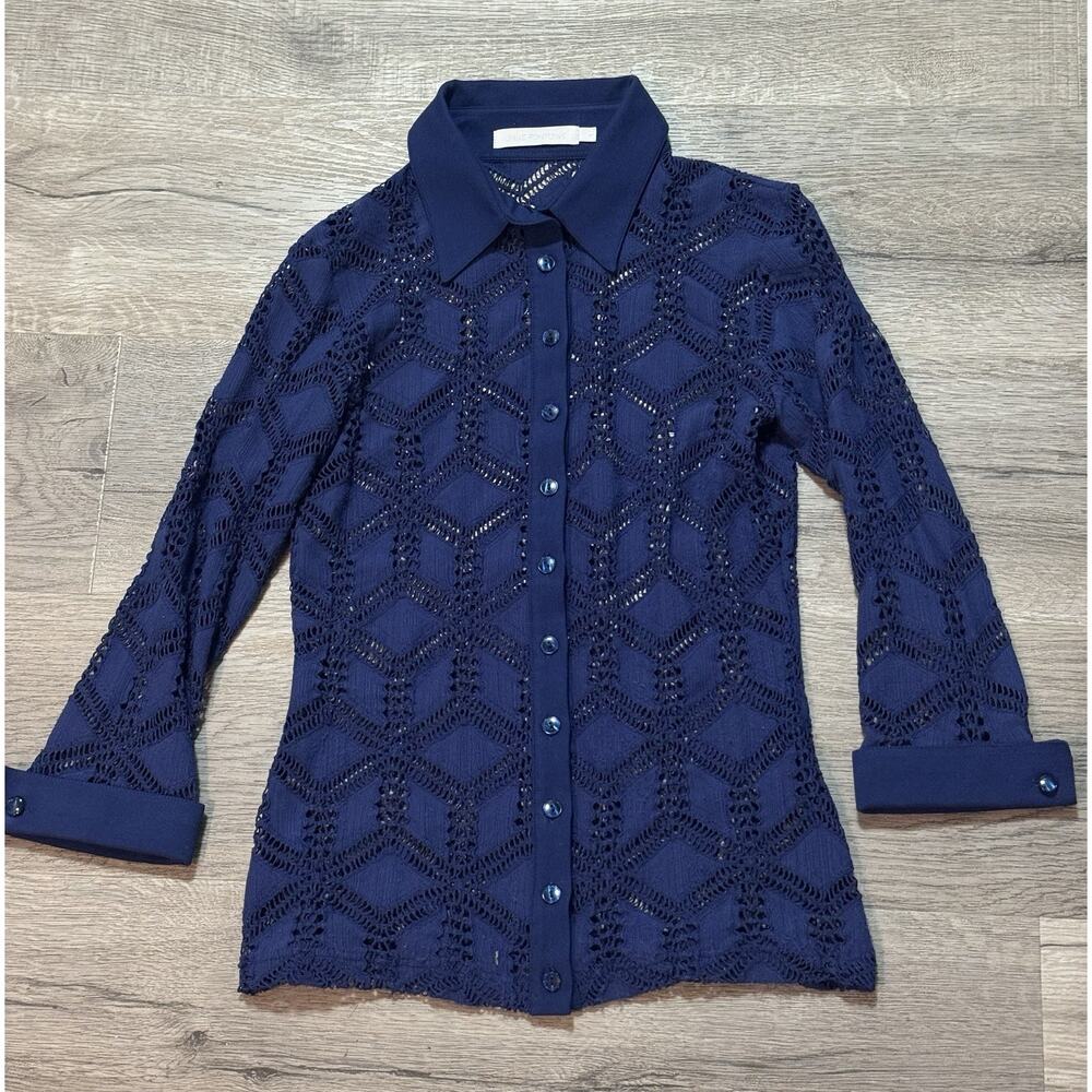 Anne Fontaine Button Up Eyelet Sheer Blouse 38 Navy Blue
